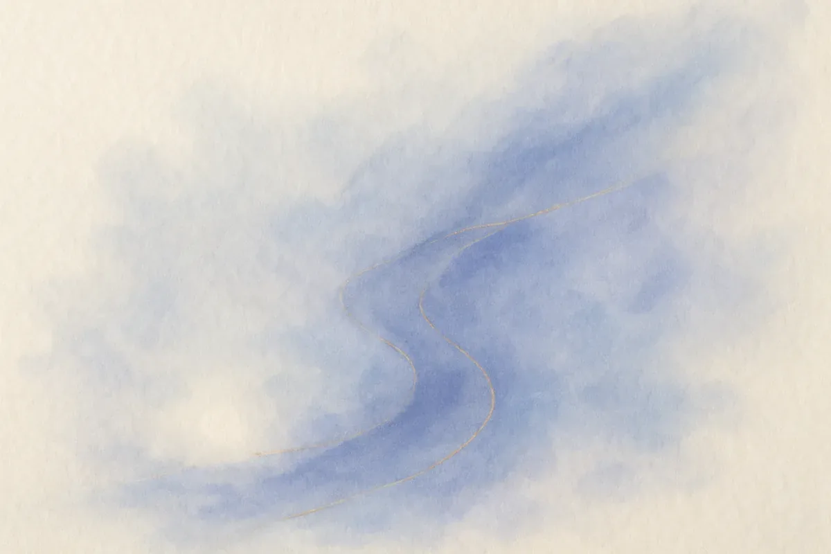 Illustration aquarelle poétique aux tons bleu doux, dans le style de La Clairière, évoquant arrêter de procrastiner : comprendre et agir