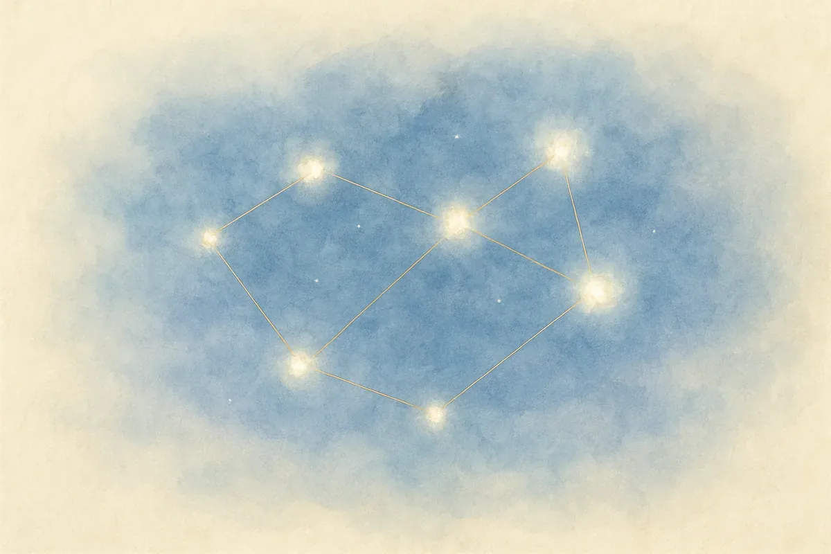 Illustration aquarelle poétique aux tons bleu doux, dans le style de La Clairière, évoquant constellation familiale : comprendre le principe