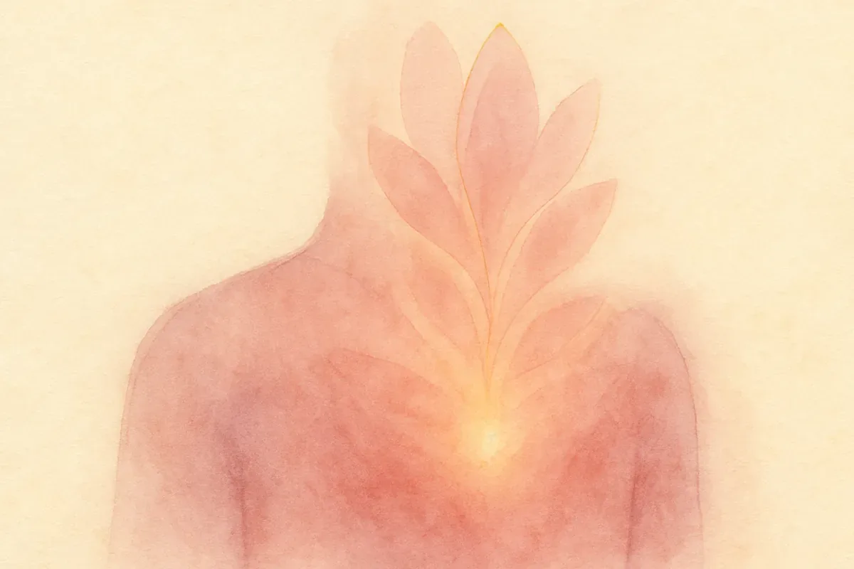 Illustration aquarelle poétique aux tons rose poudré, dans le style de La Clairière, évoquant élever sa vibration par la gratitude