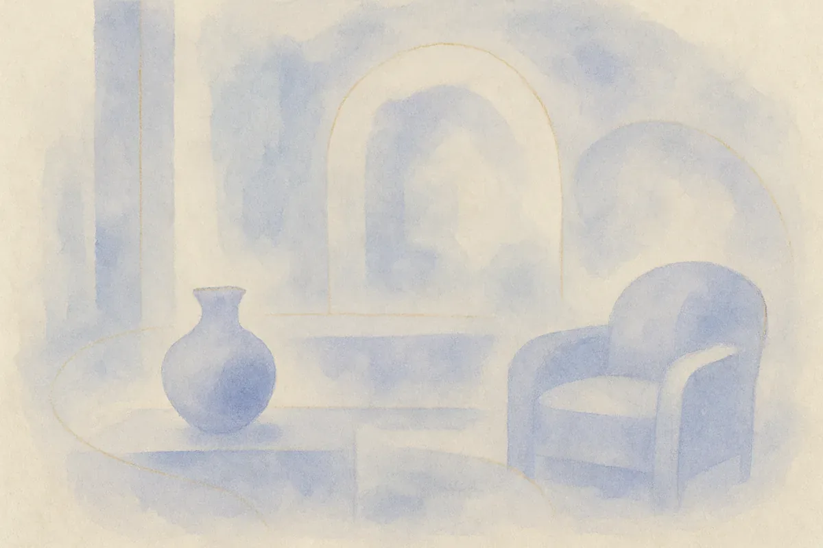 Illustration aquarelle poétique aux tons bleu doux, dans le style de La Clairière, évoquant feng shui chez soi : par où commencer