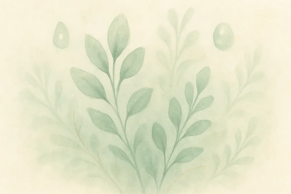 Illustration aquarelle poétique aux tons vert jade, dans le style de La Clairière, évoquant aromathérapie : les huiles essentielles de la sérénité