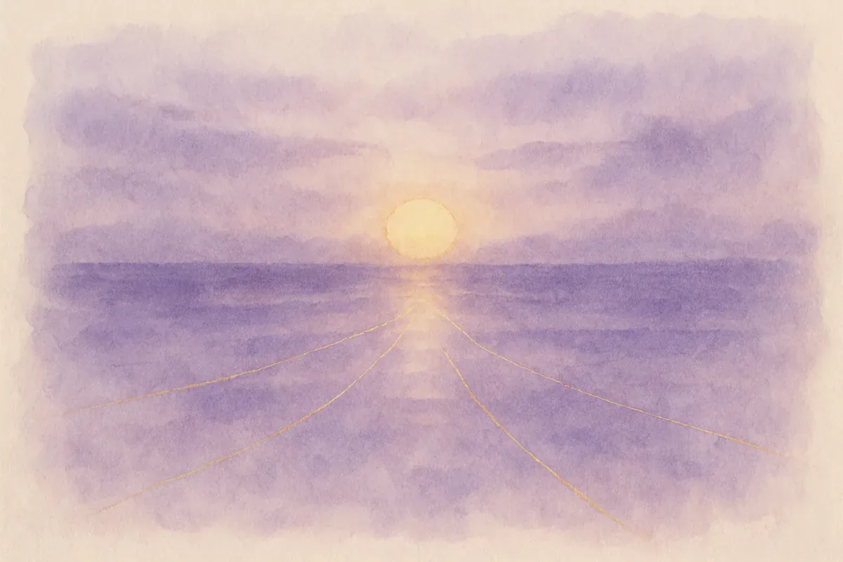 Illustration aquarelle poétique aux tons violet, dans le style de La Clairière, évoquant l’ikigai : trouver ce qui donne du sens