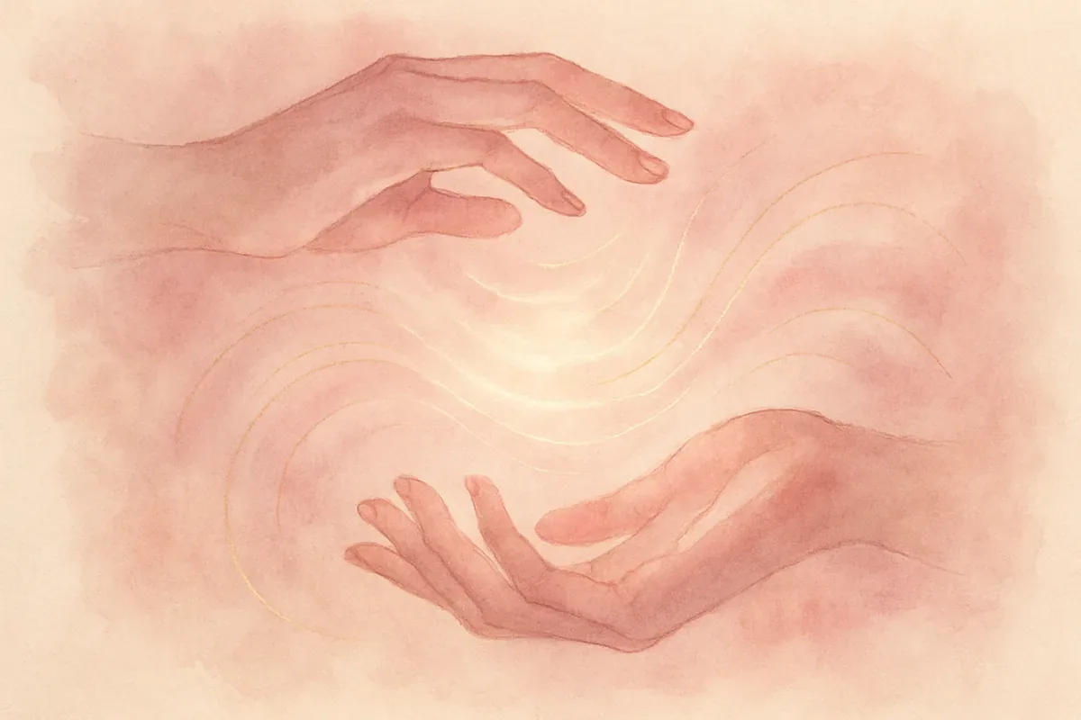 Illustration aquarelle poétique aux tons rose poudré, dans le style de La Clairière, évoquant le magnétisme : comprendre cette énergie