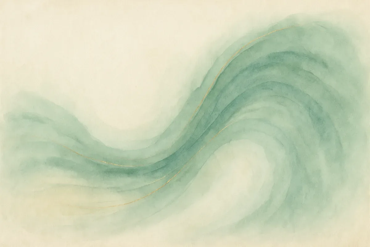 Illustration aquarelle poétique aux tons vert jade, dans le style de La Clairière, évoquant ménopause : traverser cette étape en douceur