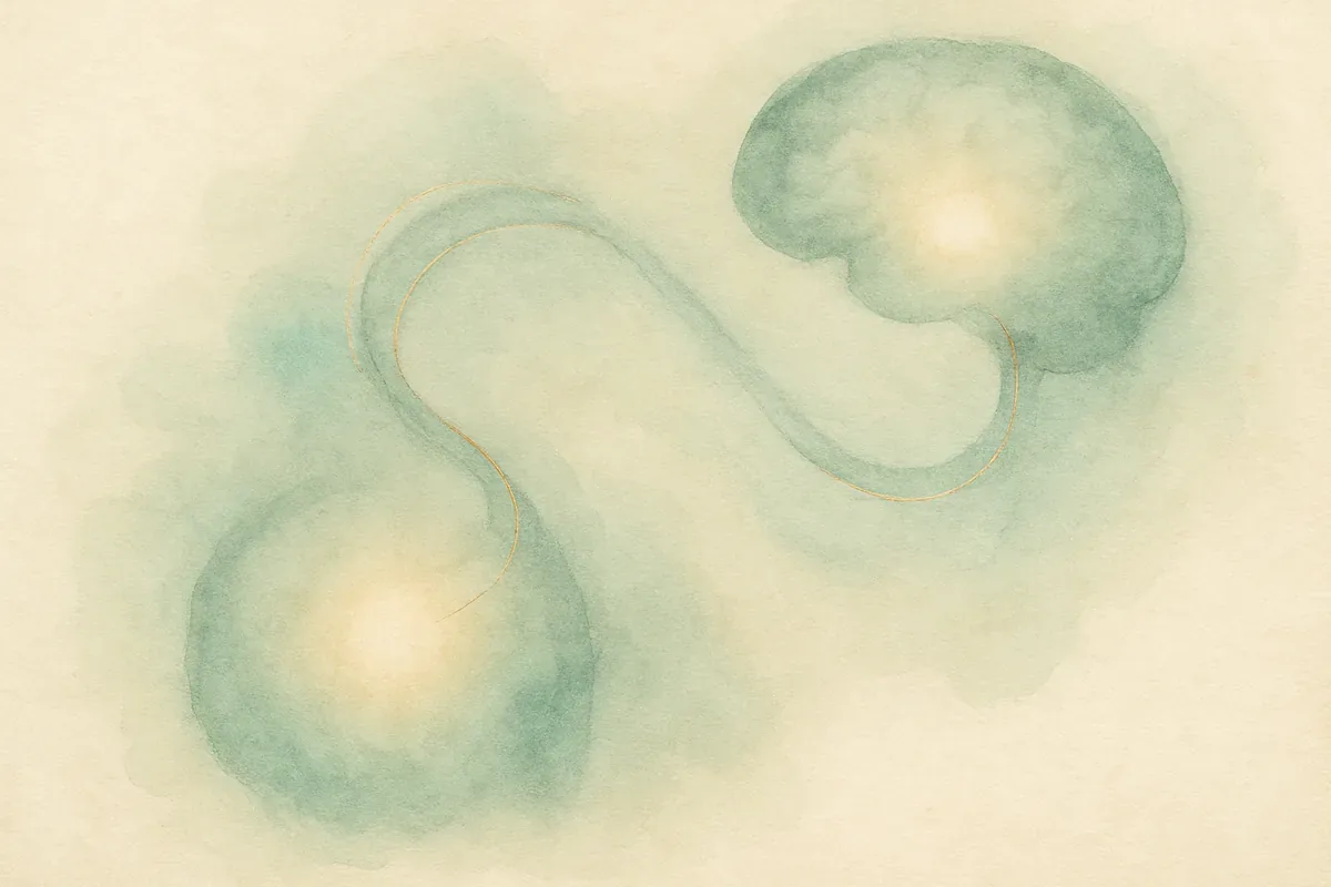 Illustration aquarelle poétique aux tons vert jade, dans le style de La Clairière, évoquant microbiote et humeur : le lien ventre-cerveau