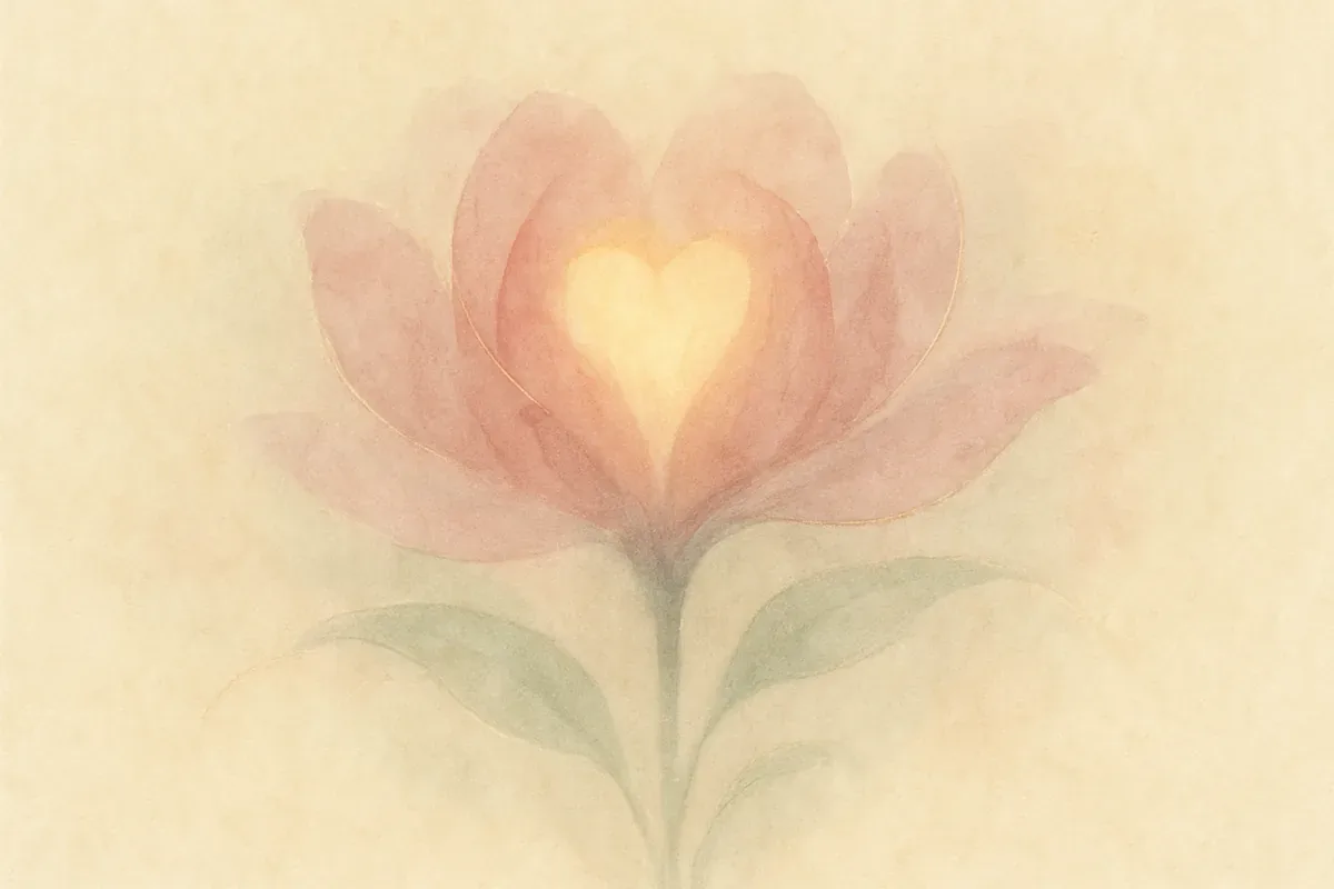 Illustration aquarelle poétique aux tons rose poudré, dans le style de La Clairière, évoquant ouvrir son chakra du cœur