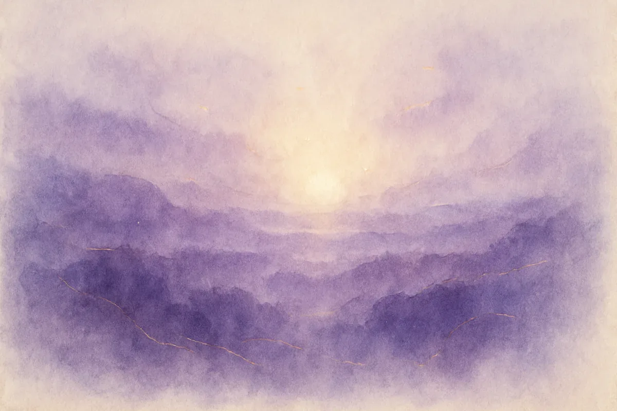 Illustration aquarelle poétique aux tons violet, dans le style de La Clairière, évoquant reconnaître un éveil spirituel en cours