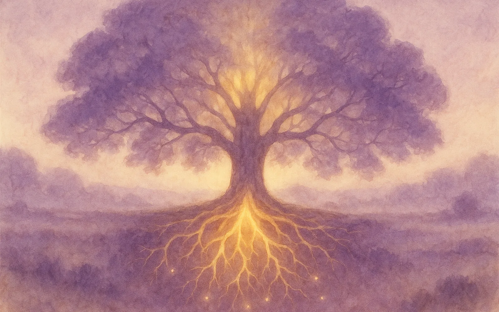 Un arbre ancestral lumineux aux racines de lumière descendant vers la terre, comme une constellation d’ancêtres