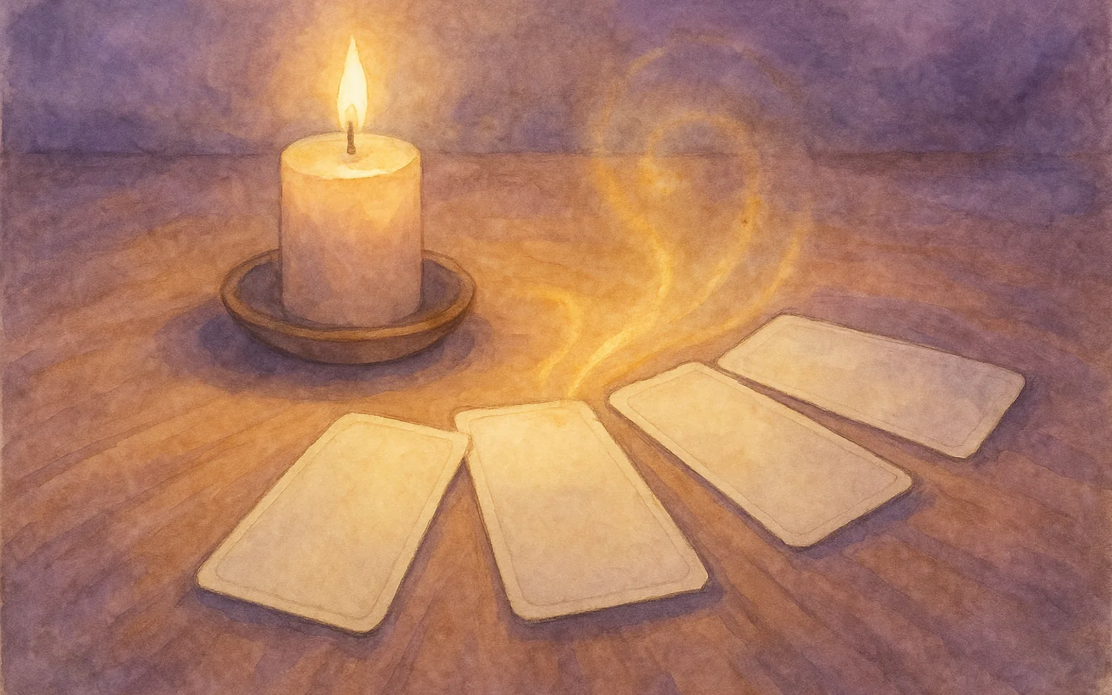 Quelques cartes disposées en arc sur une table de bois, dans une lumière dorée