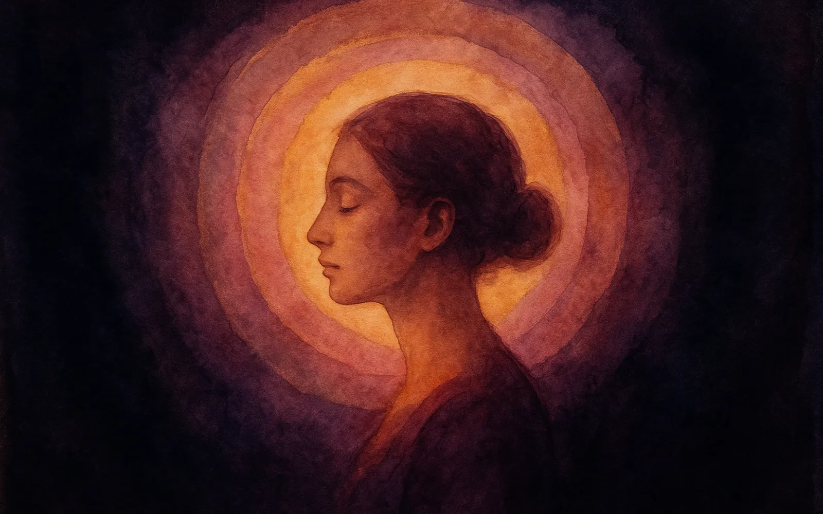 Profil serein entouré de couches d'aura or et violet — aquarelle